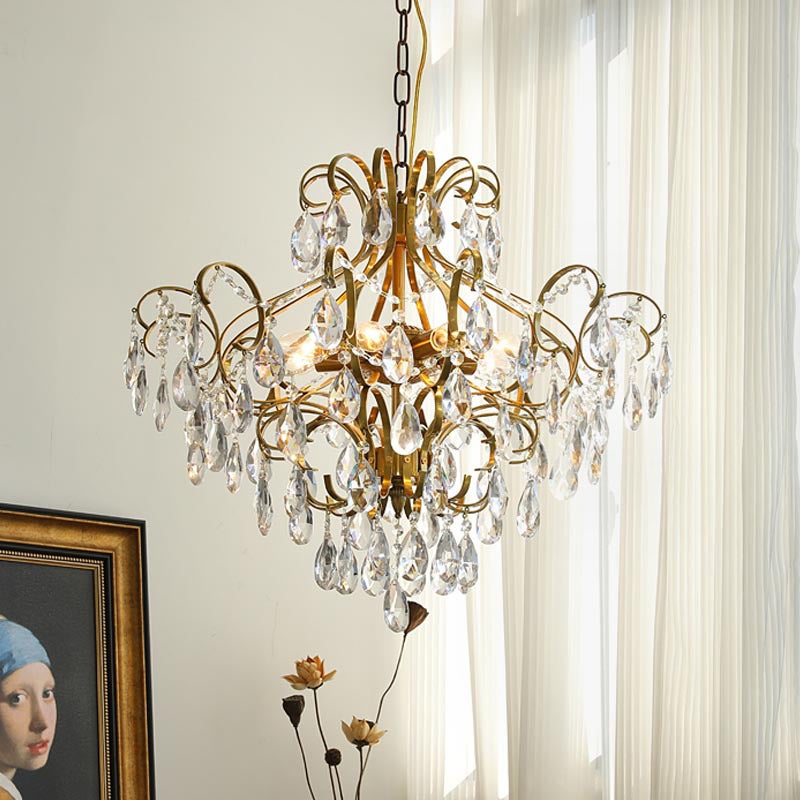 Lustre contemporain de luxe en forme de goutte en cuivre avec cristaux à 6 lumières pour salon 