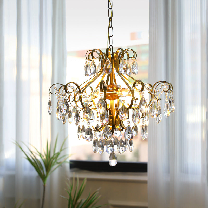 Lustre contemporain de luxe en forme de goutte en cuivre avec cristaux à 6 lumières pour salon 