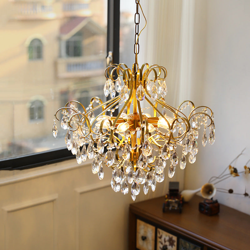 Lustre contemporain de luxe en forme de goutte en cuivre avec cristaux à 6 lumières pour salon 