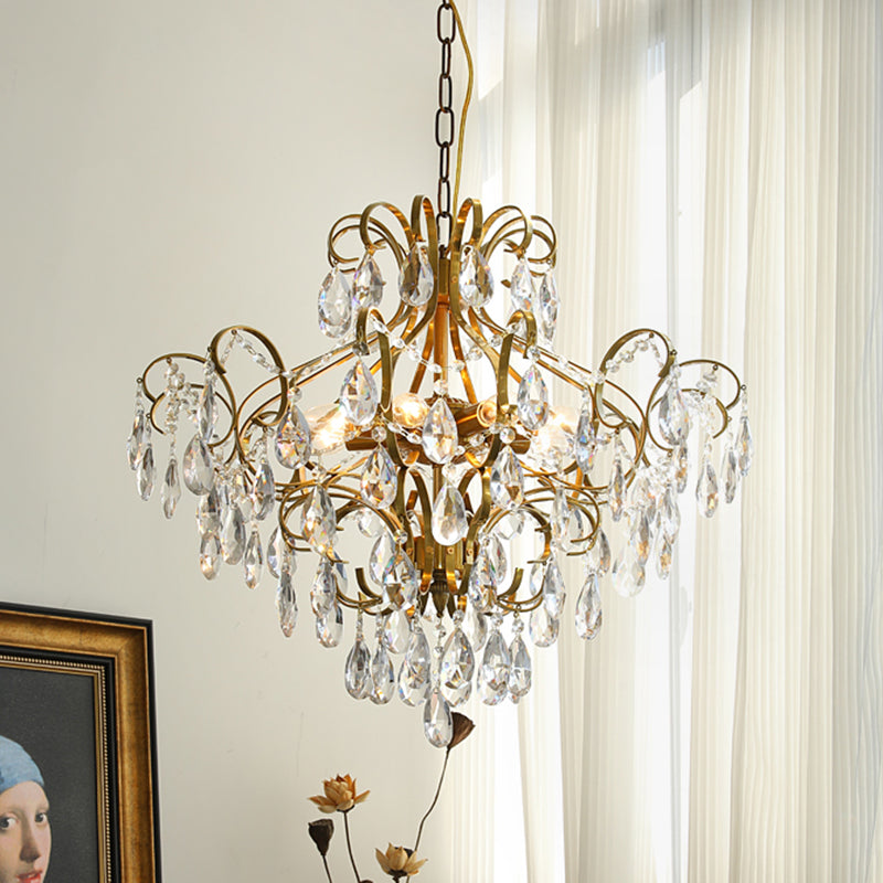 Lustre contemporain de luxe en forme de goutte en cuivre avec cristaux à 6 lumières pour salon 