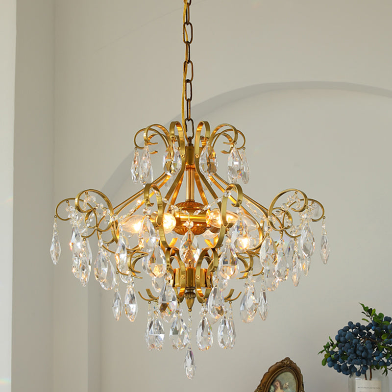 Lustre contemporain de luxe en forme de goutte en cuivre avec cristaux à 6 lumières pour salon 