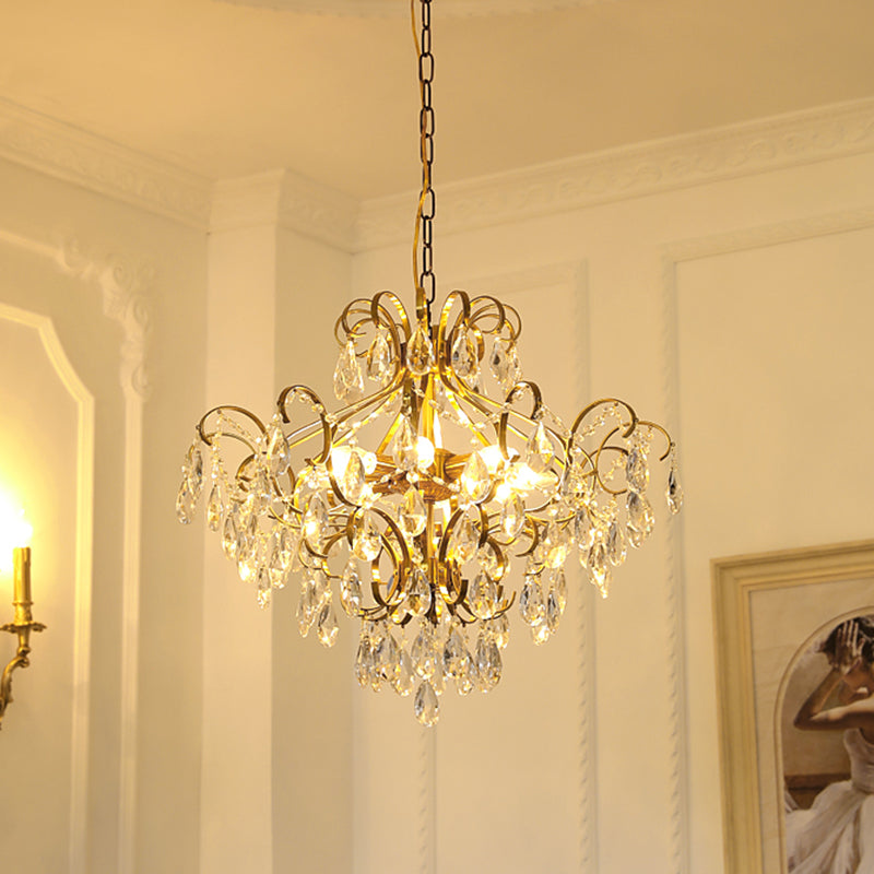 Lustre contemporain de luxe en forme de goutte en cuivre avec cristaux à 6 lumières pour salon 
