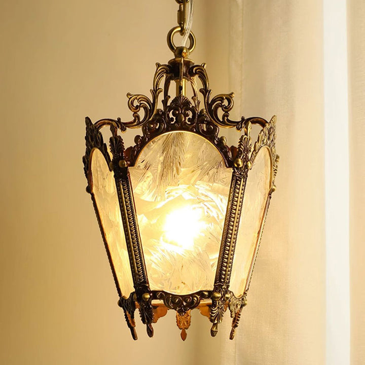 Traditional European Trapezoid Copper Glass 1-Light Pendant Light For Living Room