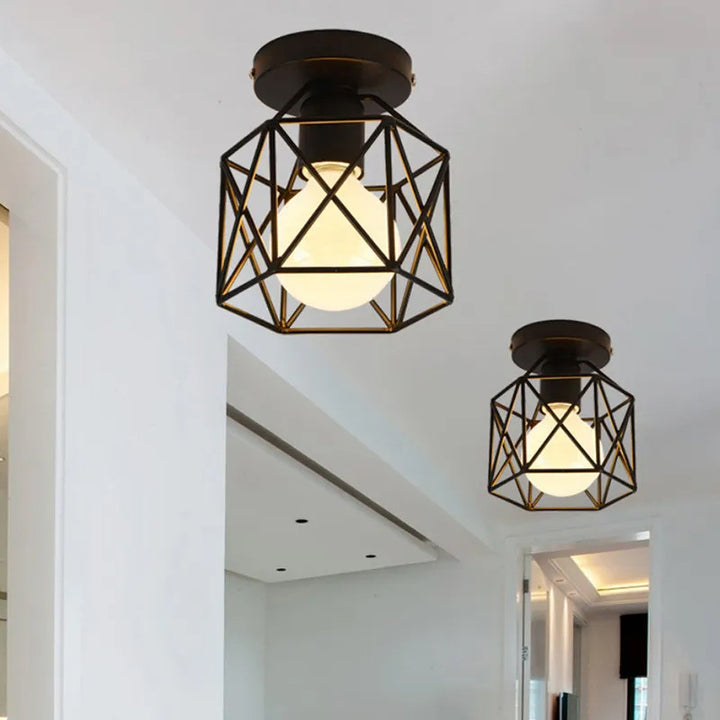 Traditional Vintage Hexagon Iron 1-Light Semi-Flush Mount Ceiling Light For Living Room