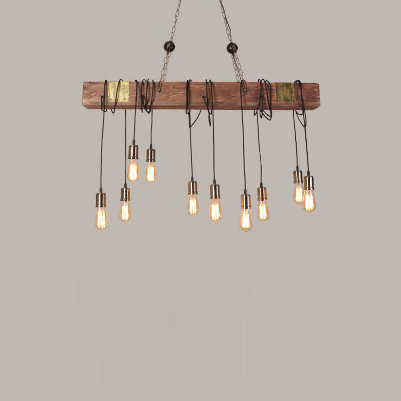 Traditional Vintage Rectangular Wood Iron 10-Light Island Light Chandelier Light For Living Room