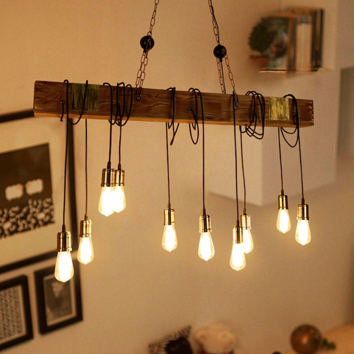 Traditional Vintage Rectangular Wood Iron 10-Light Island Light Chandelier Light For Living Room