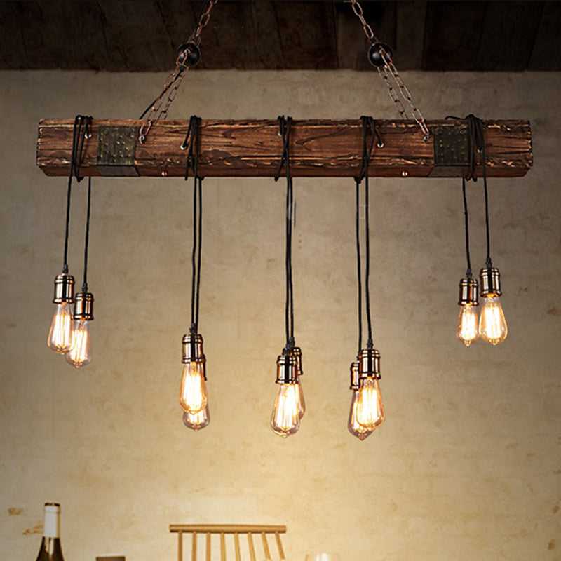 Traditional Vintage Rectangular Wood Iron 10-Light Island Light Chandelier Light For Living Room