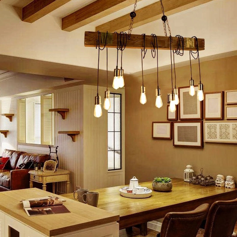 Traditional Vintage Rectangular Wood Iron 10-Light Island Light Chandelier Light For Living Room
