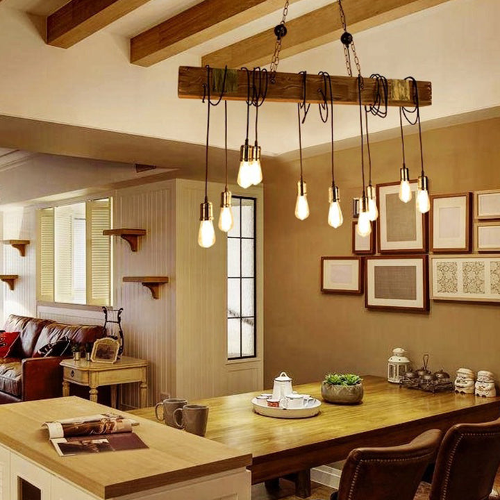 Traditional Vintage Rectangular Wood Iron 10-Light Island Light Chandelier Light For Living Room