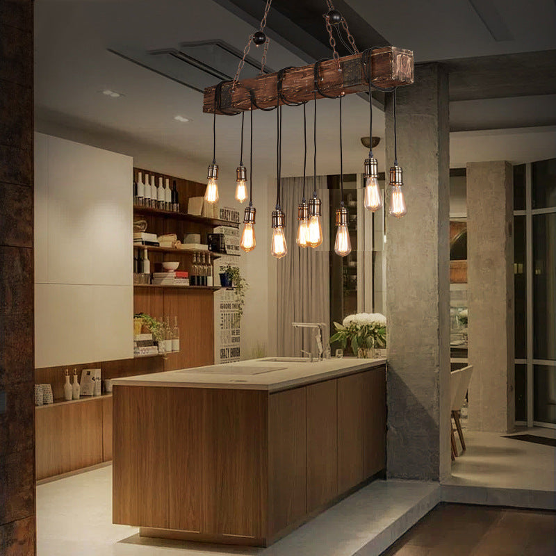 Traditional Vintage Rectangular Wood Iron 10-Light Island Light Chandelier Light For Living Room