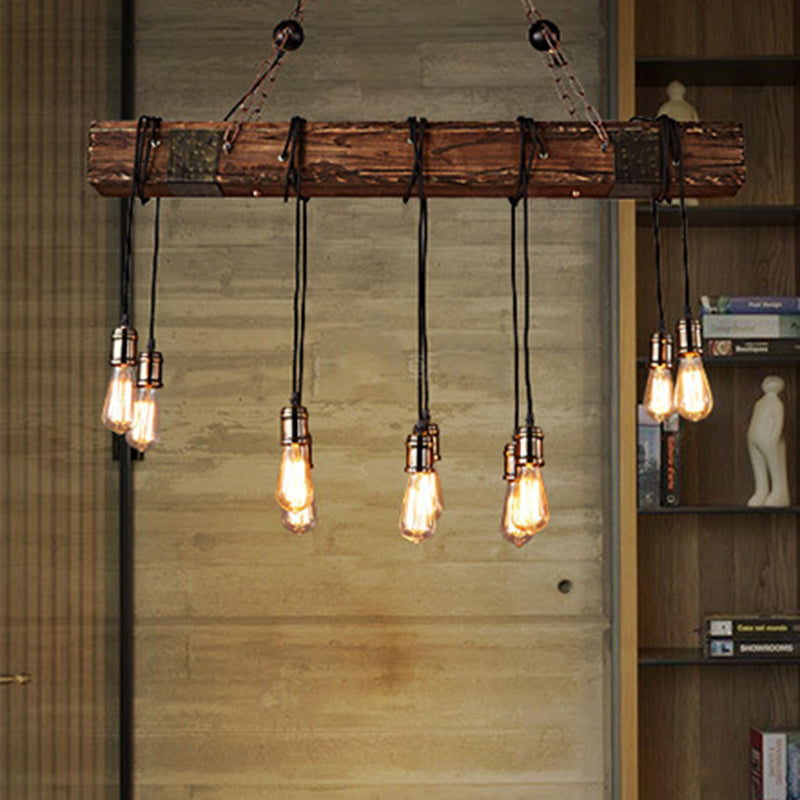 Traditional Vintage Rectangular Wood Iron 10-Light Island Light Chandelier Light For Living Room