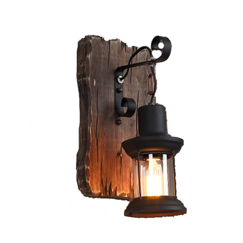 Zeitgenössische Industrie Zylinder Holz Eisen Glas 1-Licht Wandleuchte Lampe für Wohnzimmer 