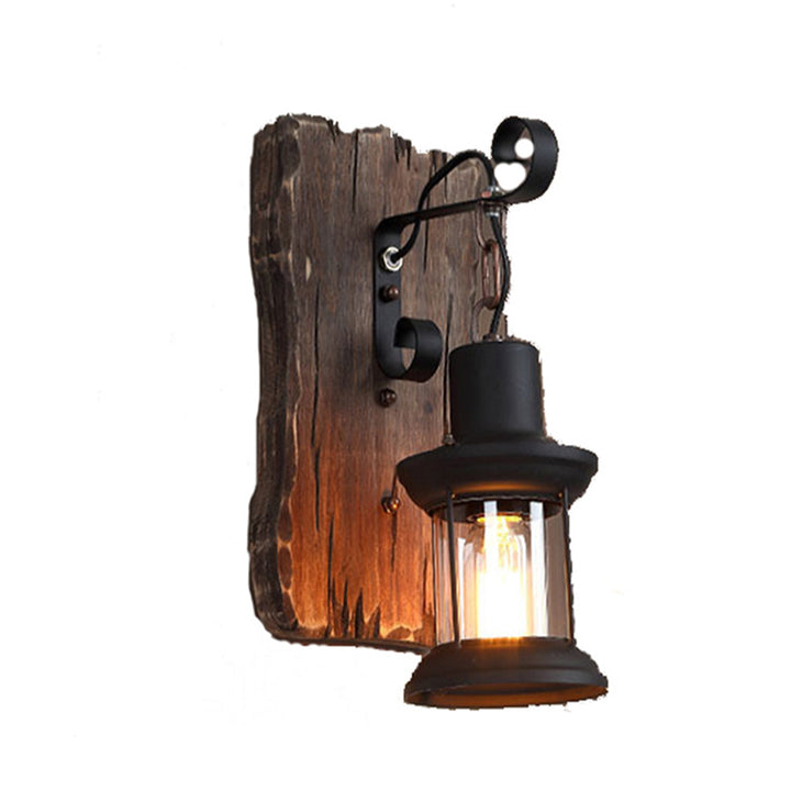 Zeitgenössische Industrie Zylinder Holz Eisen Glas 1-Licht Wandleuchte Lampe für Wohnzimmer 