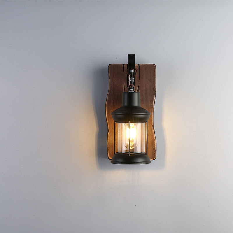 Zeitgenössische Industrie Zylinder Holz Eisen Glas 1-Licht Wandleuchte Lampe für Wohnzimmer 