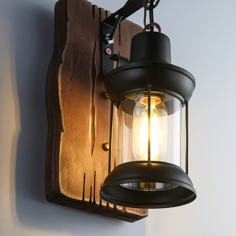 Zeitgenössische Industrie Zylinder Holz Eisen Glas 1-Licht Wandleuchte Lampe für Wohnzimmer 