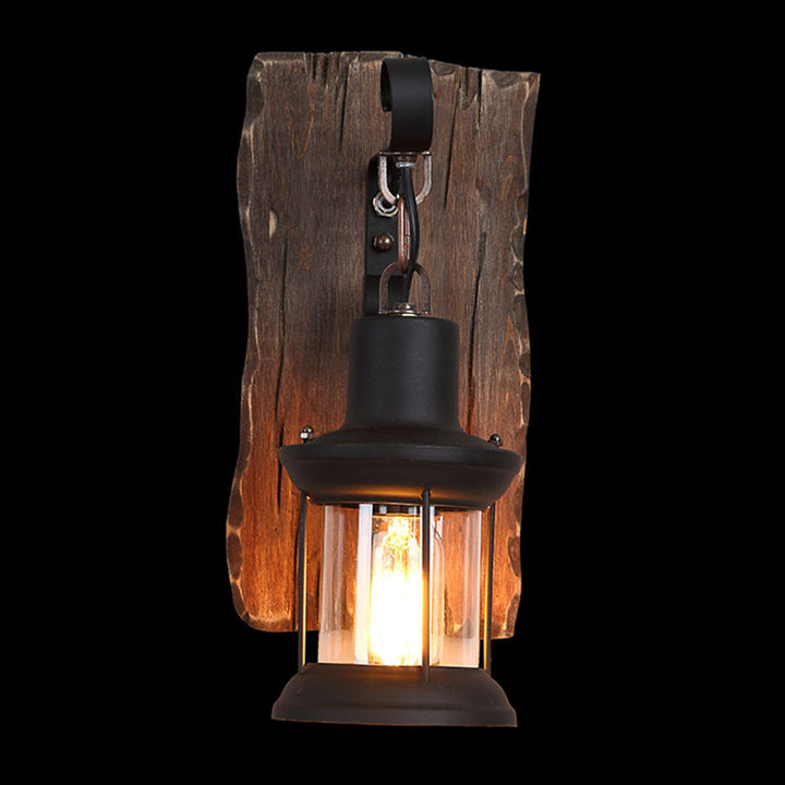 Cylindre Industriel Contemporain Bois Fer Verre Applique Murale 1-Lumière Pour Salon 
