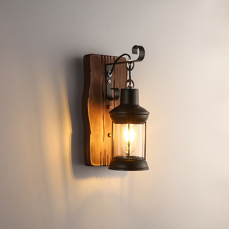 Zeitgenössische Industrie Zylinder Holz Eisen Glas 1-Licht Wandleuchte Lampe für Wohnzimmer 