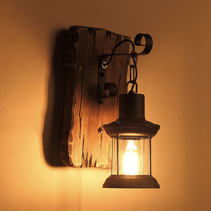 Zeitgenössische Industrie Zylinder Holz Eisen Glas 1-Licht Wandleuchte Lampe für Wohnzimmer 