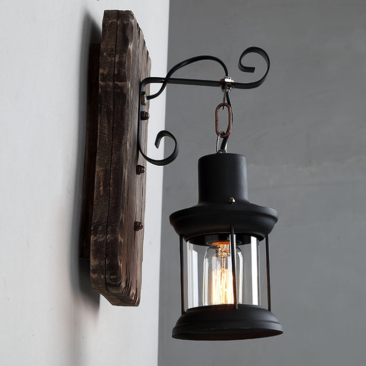 Zeitgenössische Industrie Zylinder Holz Eisen Glas 1-Licht Wandleuchte Lampe für Wohnzimmer 