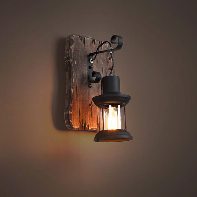 Zeitgenössische Industrie Zylinder Holz Eisen Glas 1-Licht Wandleuchte Lampe für Wohnzimmer 