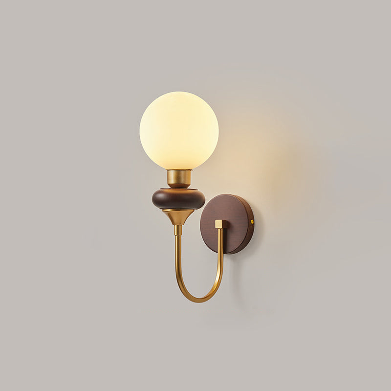 Applique Murale Traditionnelle Vintage Globe en Cuivre Bois Verre 1 Lumière pour Salon 