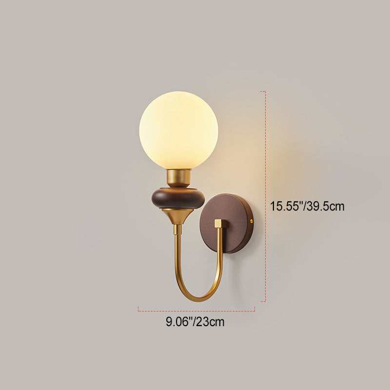 Applique Murale Traditionnelle Vintage Globe en Cuivre Bois Verre 1 Lumière pour Salon 