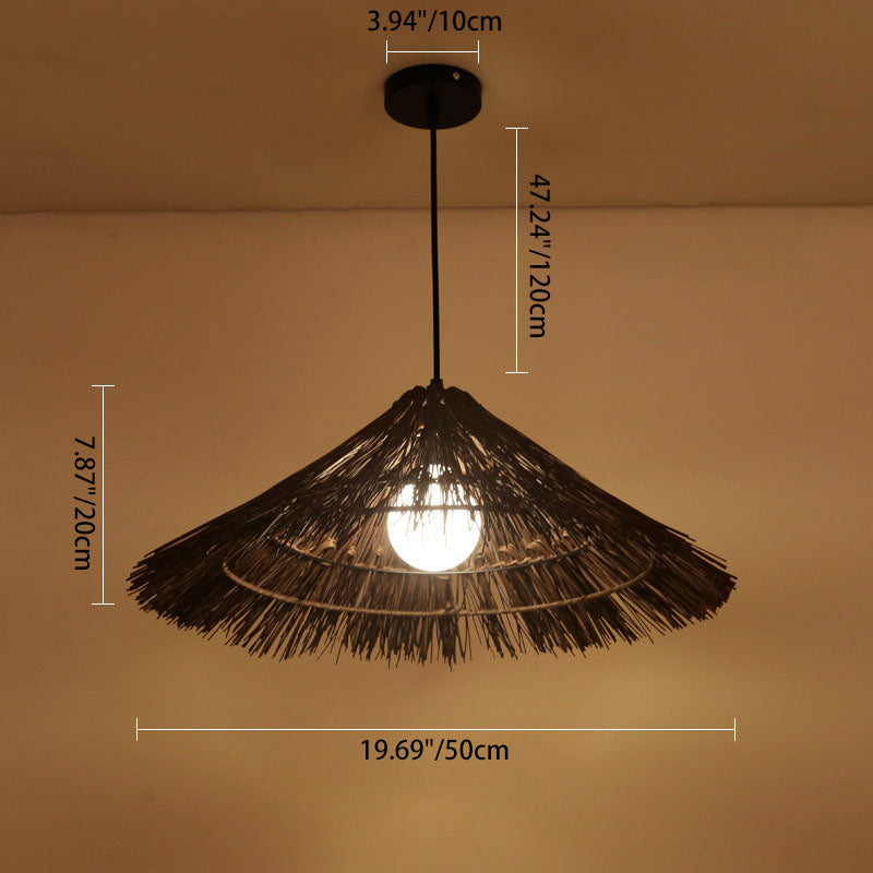 Suspension lumineuse tissée en chapeau conique en rotin métallique rustique traditionnel à 1 lumière pour salon 