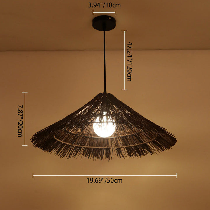Suspension lumineuse tissée en chapeau conique en rotin métallique rustique traditionnel à 1 lumière pour salon 