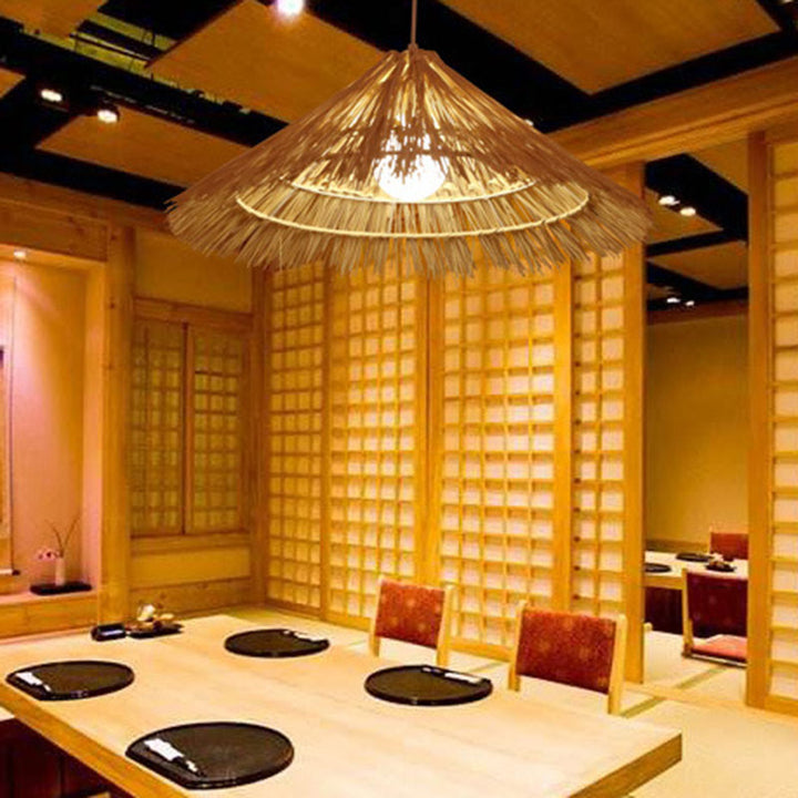 Suspension lumineuse tissée en chapeau conique en rotin métallique rustique traditionnel à 1 lumière pour salon 