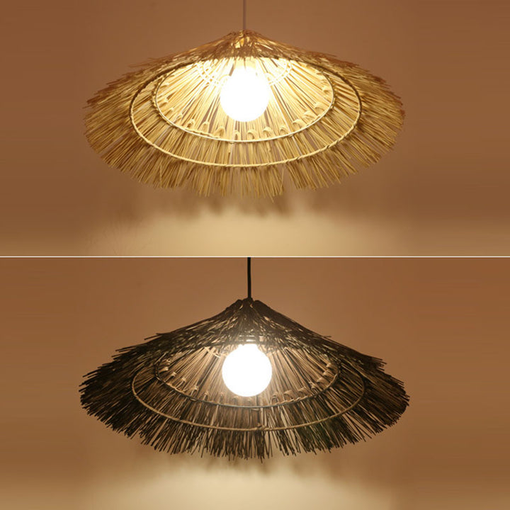 Suspension lumineuse tissée en chapeau conique en rotin métallique rustique traditionnel à 1 lumière pour salon 