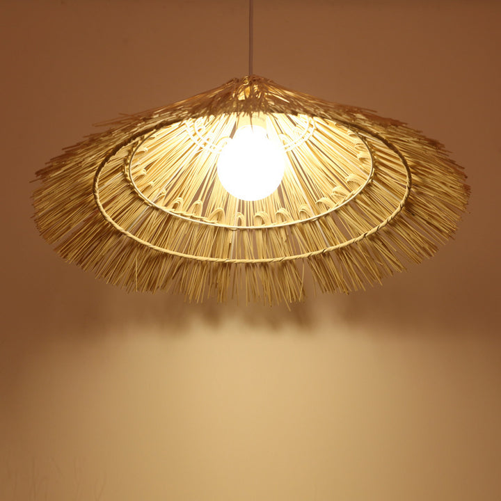 Suspension lumineuse tissée en chapeau conique en rotin métallique rustique traditionnel à 1 lumière pour salon 