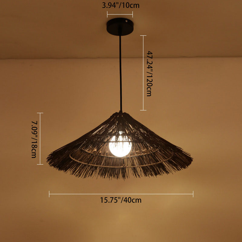 Suspension lumineuse tissée en chapeau conique en rotin métallique rustique traditionnel à 1 lumière pour salon 