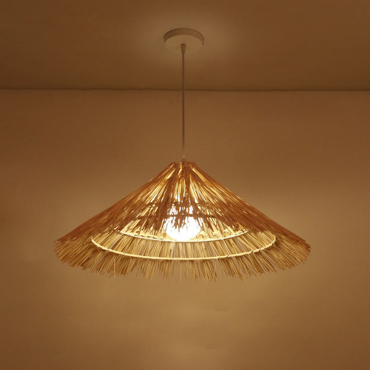 Suspension lumineuse tissée en chapeau conique en rotin métallique rustique traditionnel à 1 lumière pour salon 