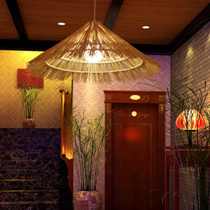 Suspension lumineuse tissée en chapeau conique en rotin métallique rustique traditionnel à 1 lumière pour salon 