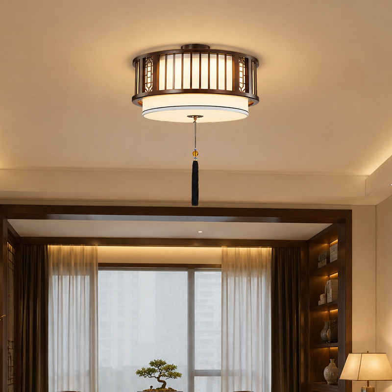 Traditioneller 1-/3-flammiger Kronleuchter fürs Wohnzimmer mit Lampenschirm in Laternenform aus chinesischer Eiche, Kunstpergament und PVC 