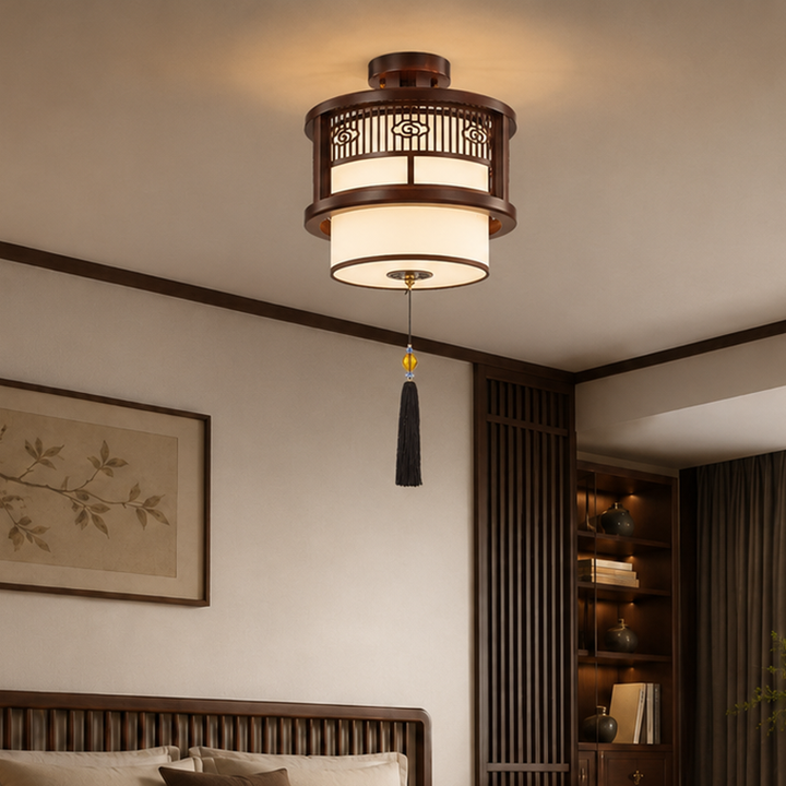 Traditioneller 1-/3-flammiger Kronleuchter fürs Wohnzimmer mit Lampenschirm in Laternenform aus chinesischer Eiche, Kunstpergament und PVC 