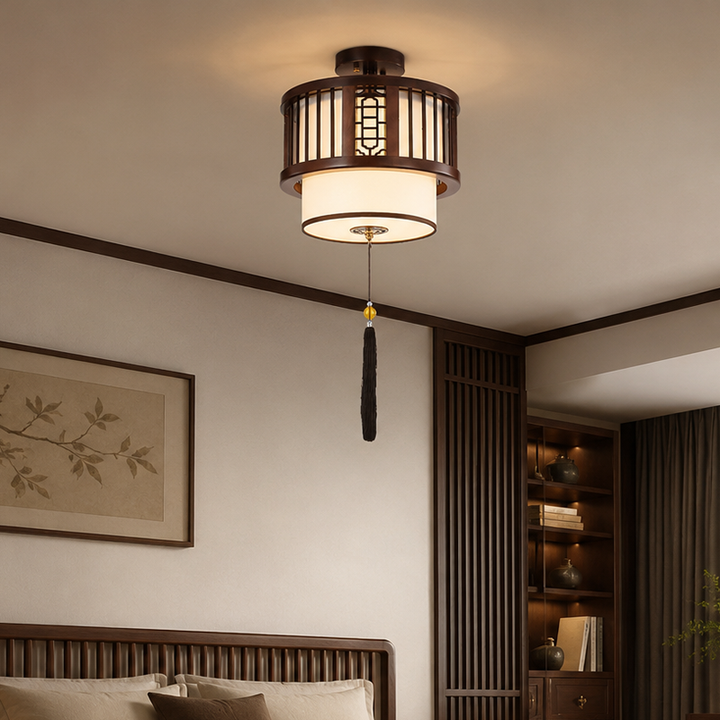 Traditioneller 1-/3-flammiger Kronleuchter fürs Wohnzimmer mit Lampenschirm in Laternenform aus chinesischer Eiche, Kunstpergament und PVC 