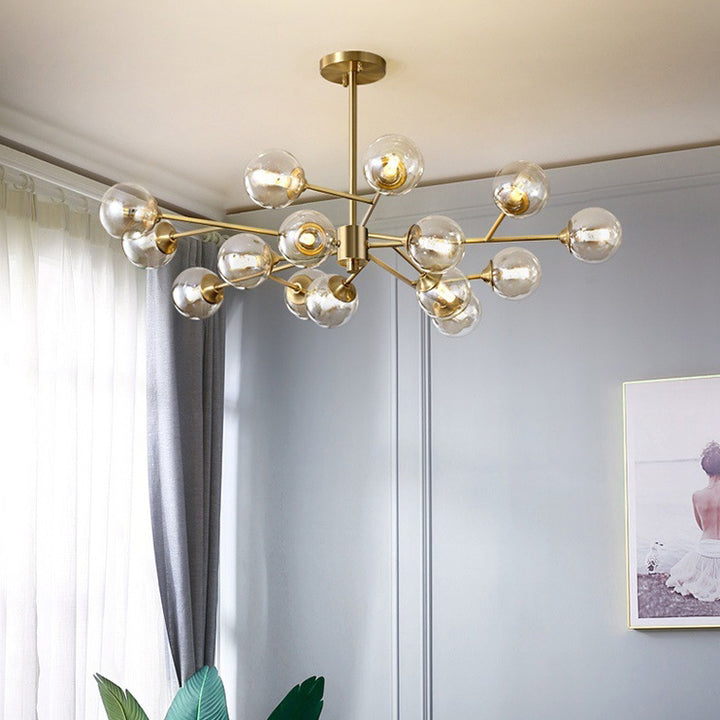 Lustre moderne de style mi-siècle avec cadre en laiton et abat-jour en verre moléculaire à 6/9/12/15 lumières pour salon 