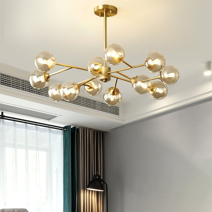 Lustre moderne de style mi-siècle avec cadre en laiton et abat-jour en verre moléculaire à 6/9/12/15 lumières pour salon 