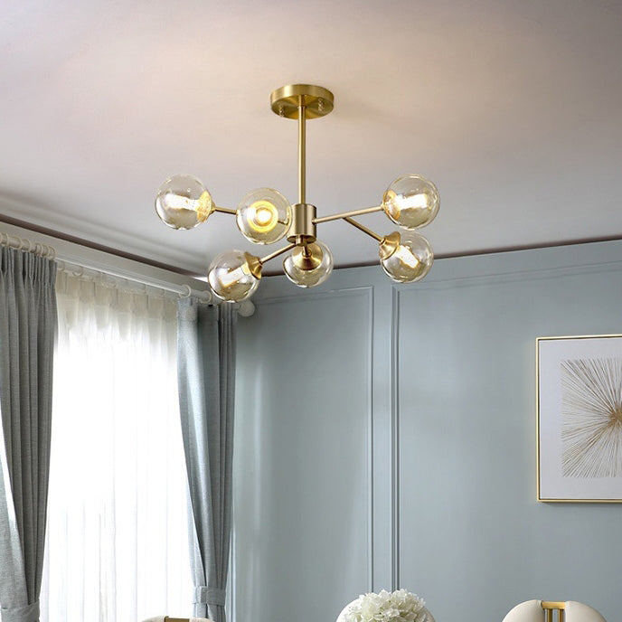 Lustre moderne de style mi-siècle avec cadre en laiton et abat-jour en verre moléculaire à 6/9/12/15 lumières pour salon 