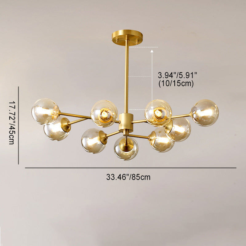Lustre moderne de style mi-siècle avec cadre en laiton et abat-jour en verre moléculaire à 6/9/12/15 lumières pour salon 