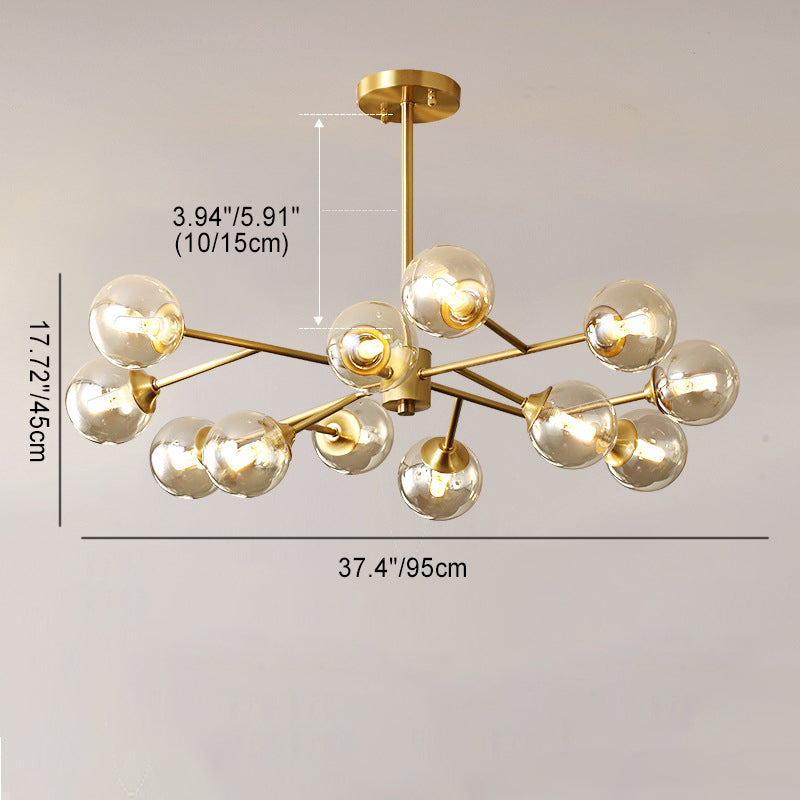 Lustre moderne de style mi-siècle avec cadre en laiton et abat-jour en verre moléculaire à 6/9/12/15 lumières pour salon 