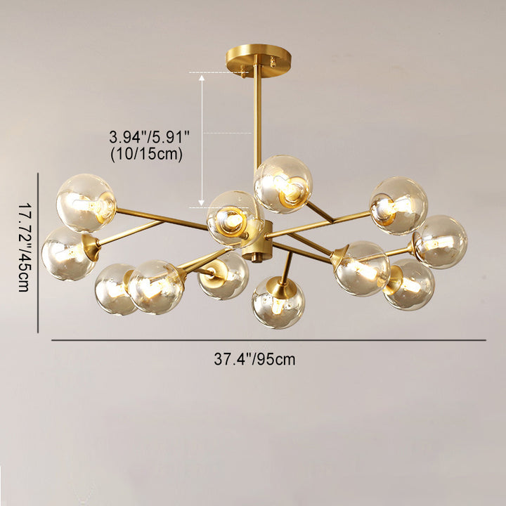 Lustre moderne de style mi-siècle avec cadre en laiton et abat-jour en verre moléculaire à 6/9/12/15 lumières pour salon 