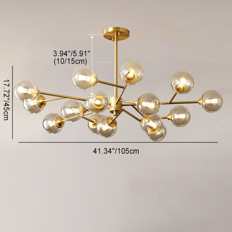 Lustre moderne de style mi-siècle avec cadre en laiton et abat-jour en verre moléculaire à 6/9/12/15 lumières pour salon 
