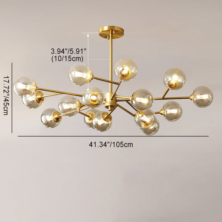 Lustre moderne de style mi-siècle avec cadre en laiton et abat-jour en verre moléculaire à 6/9/12/15 lumières pour salon 