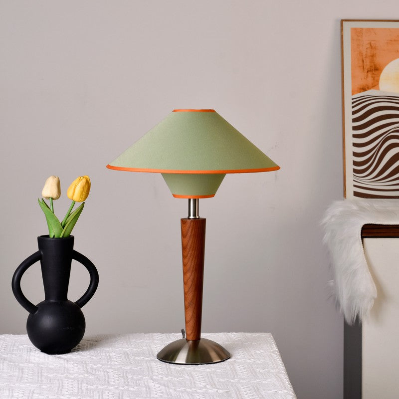 Lámpara de mesa contemporánea escandinava en forma de platillo volador de una luz de hardware de tela de madera de cera blanca para dormitorio 