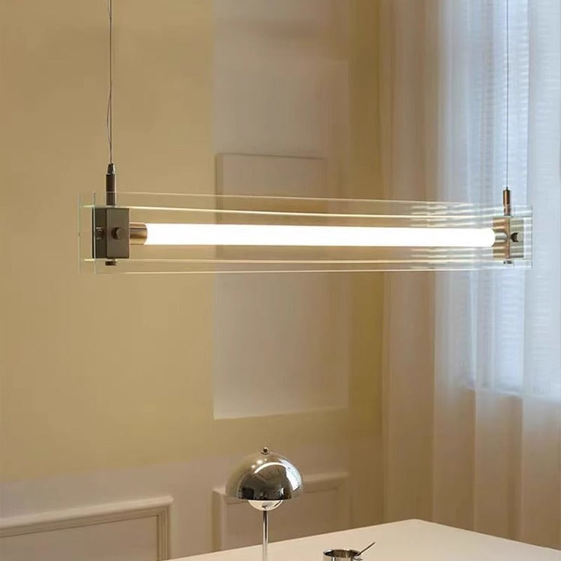 Modern Minimalist Rectangle Glass Stainless Steel LED Island Light Chandelier For Home Office