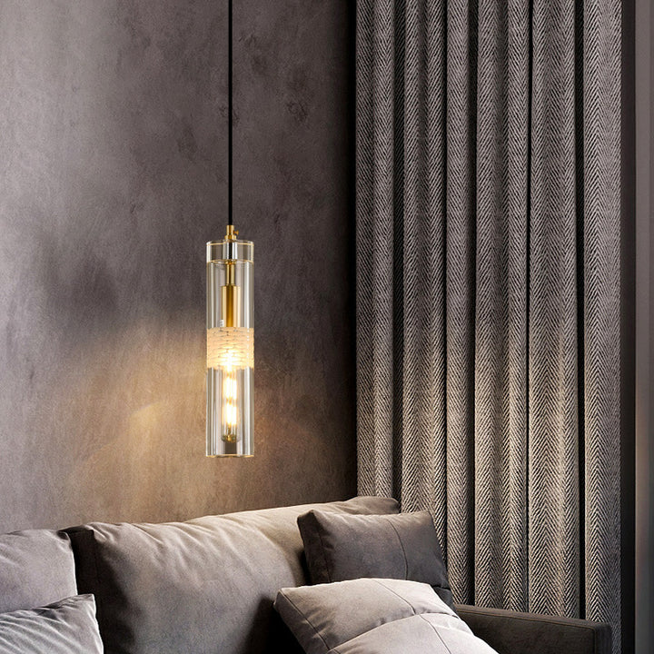 Modern Luxury Cylindrical All-Copper Glass 1-Light Pendant Light For Bedroom