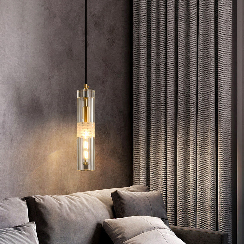 Modern Luxury Cylindrical All-Copper Glass 1-Light Pendant Light For Bedroom