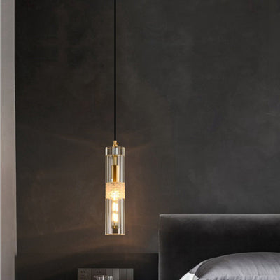 Modern Luxury Cylindrical All-Copper Glass 1-Light Pendant Light For Bedroom